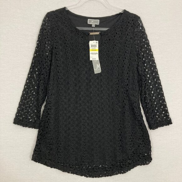 JM Collection Tops - New JM Collection Black Lace Crew Neck Stretch 3/4 Sleeve Pullover Blouse Medium